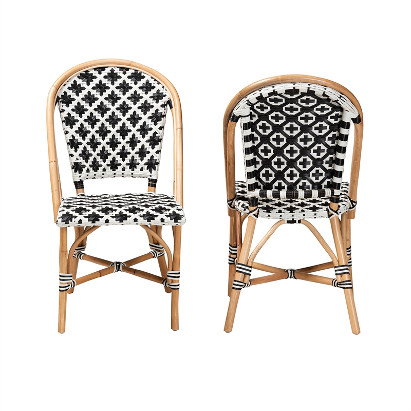 Baxton Studio Ambre French Black and White Weaving Natural Rattan Bistro Chair