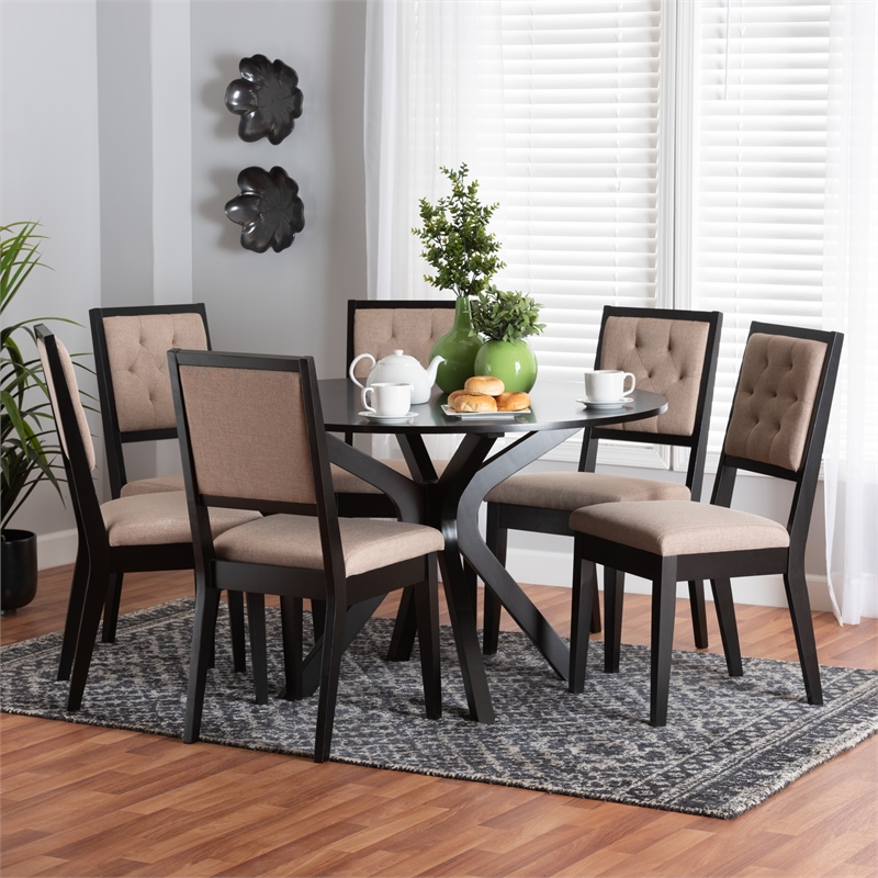 Baxton Studio Mana Sand Fabric and Dark Brown Finished Wood 7-Piece Dining Set