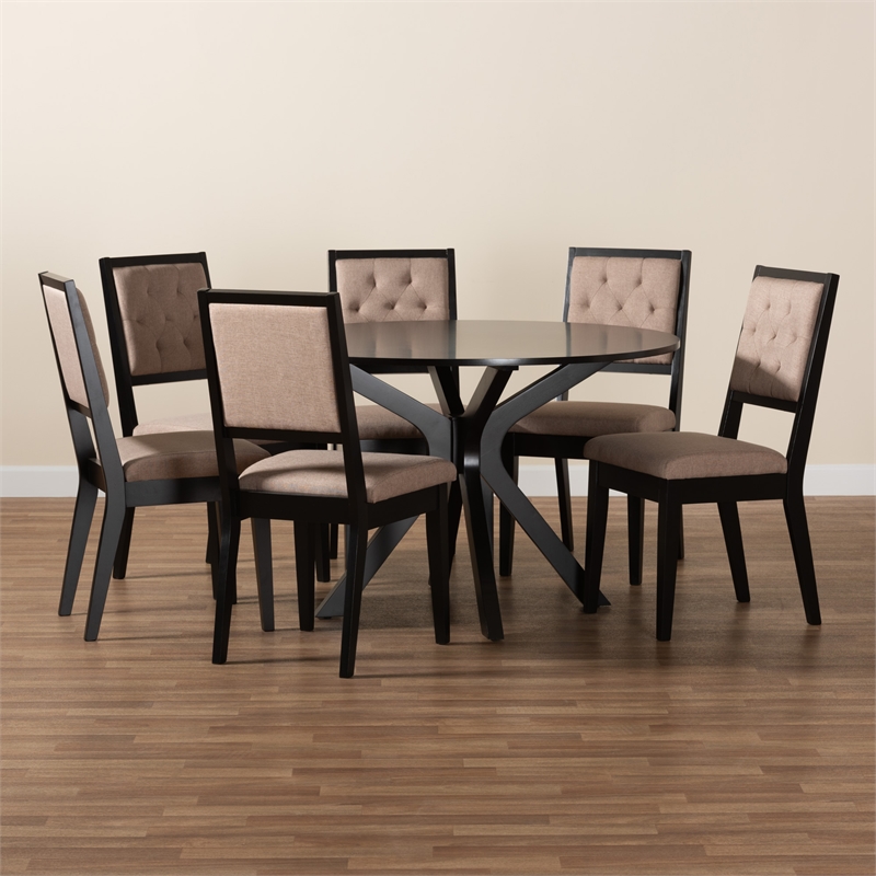 Baxton Studio Mana Sand Fabric and Dark Brown Finished Wood 7-Piece Dining Set