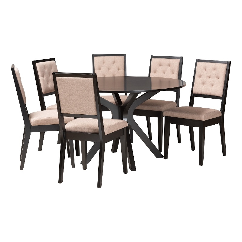 Baxton Studio Mana Sand Fabric and Dark Brown Finished Wood 7-Piece Dining Set