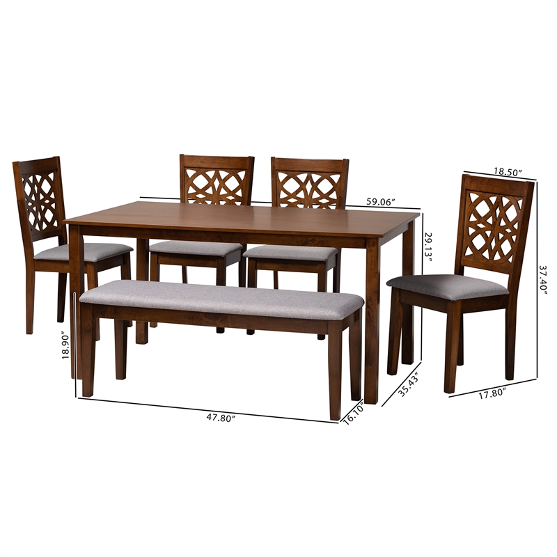 Baxton Studio Abigail Gray Fabric and Walnut Brown Wood 6-Piece Dining Set
