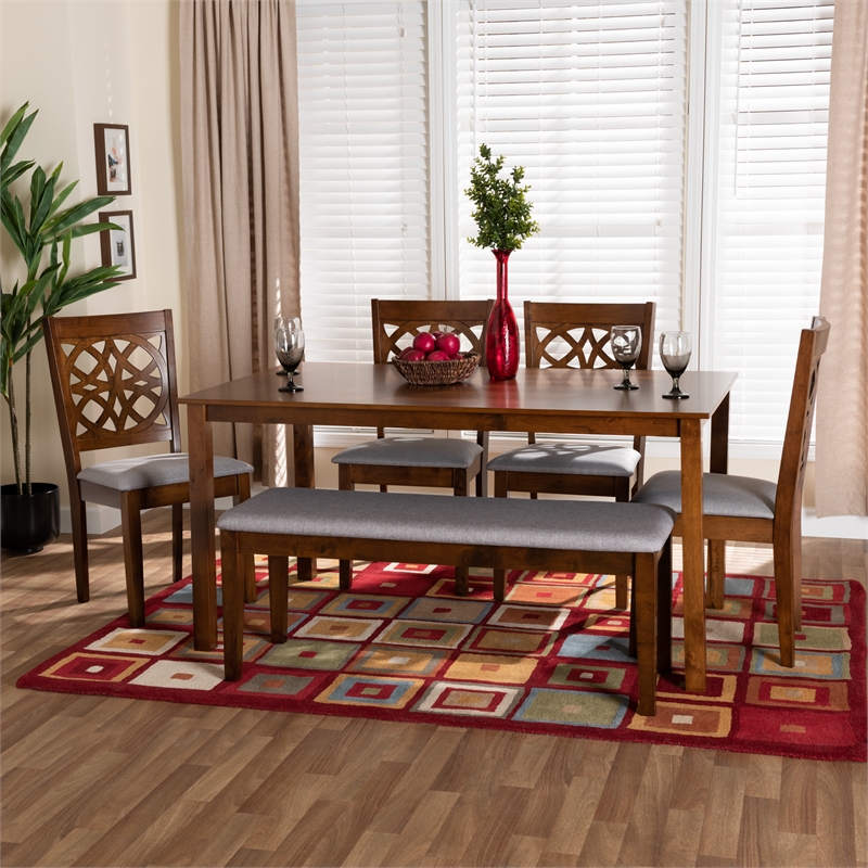 Baxton Studio Abigail Gray Fabric and Walnut Brown Wood 6-Piece Dining Set