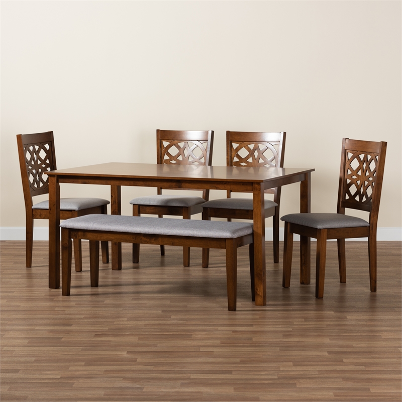Baxton Studio Abigail Gray Fabric and Walnut Brown Wood 6-Piece Dining Set
