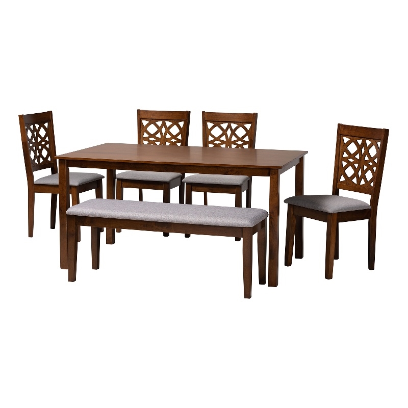 Baxton Studio Abigail Gray Fabric and Walnut Brown Wood 6-Piece Dining Set