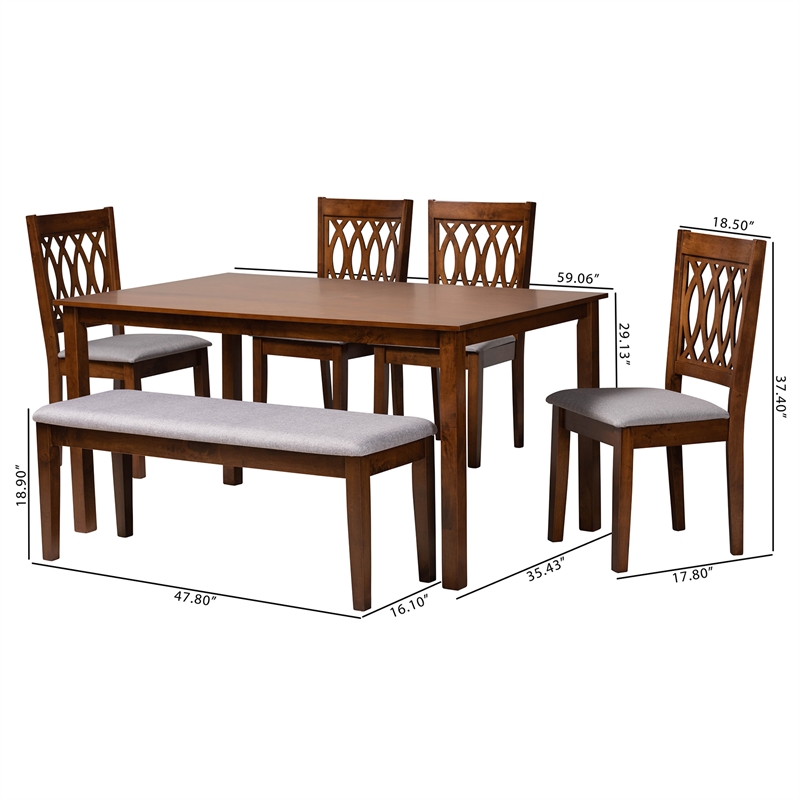 Baxton Studio Florencia Grey Fabric and Walnut Brown Wood 6-Piece Dining Set