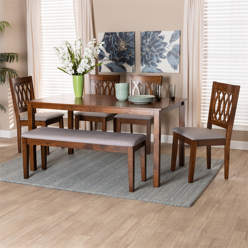 Baxton Studio Florencia Grey Fabric and Walnut Brown Wood 6-Piece Dining Set