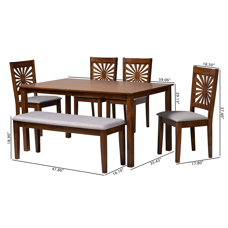 Baxton Studio Olympia Grey Fabric and Walnut Brown Wood 6-Piece Dining Set
