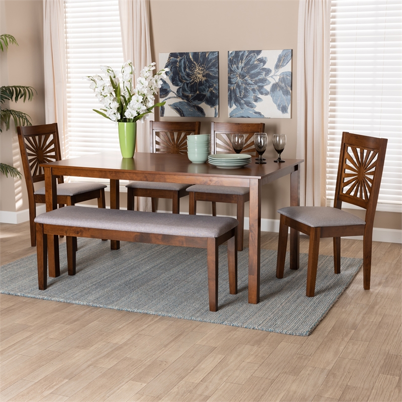 Baxton Studio Olympia Grey Fabric and Walnut Brown Wood 6-Piece Dining Set