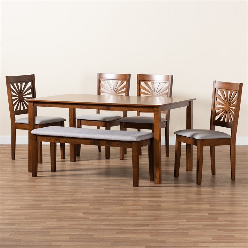 Baxton Studio Olympia Grey Fabric and Walnut Brown Wood 6-Piece Dining Set