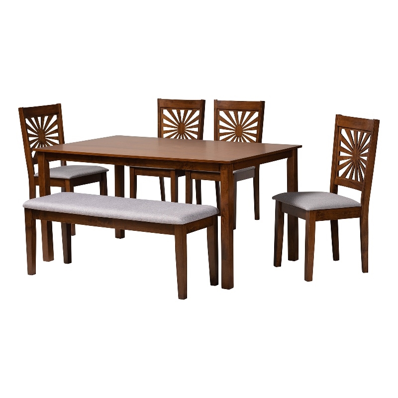 Baxton Studio Olympia Grey Fabric and Walnut Brown Wood 6-Piece Dining Set