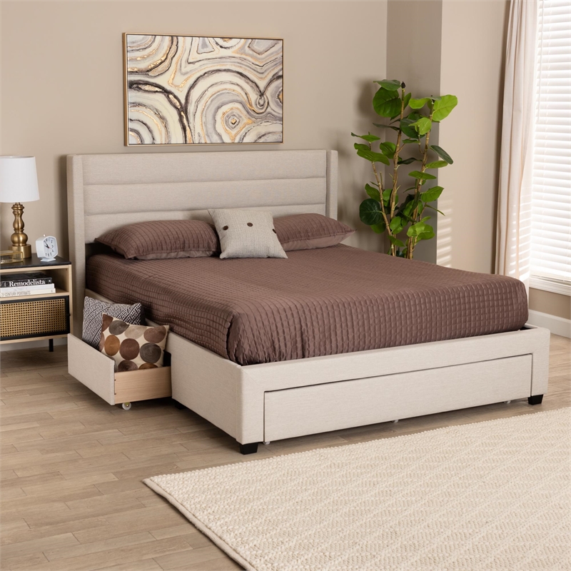 Baxton Studio Braylon Beige Fabric and Brown Wood Full Storage Platform Bed