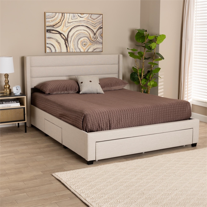 Baxton Studio Braylon Beige Fabric and Brown Wood Full Storage Platform Bed