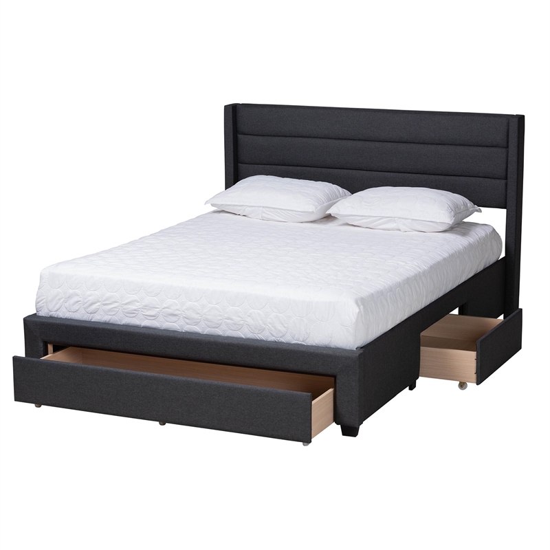 Baxton Studio Braylon Gray Fabric and Brown Wood Queen Storage Platform Bed