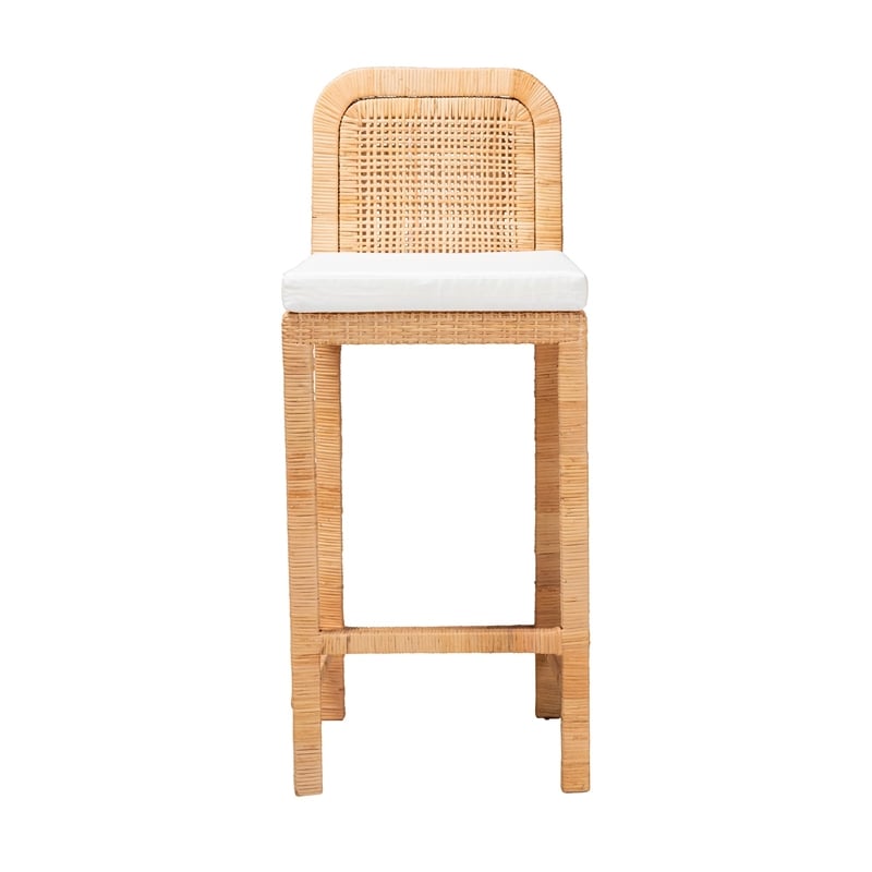 Baxton Studio Zariah Bohemian Natural Brown Rattan and Mahogany Wood Bar Stool
