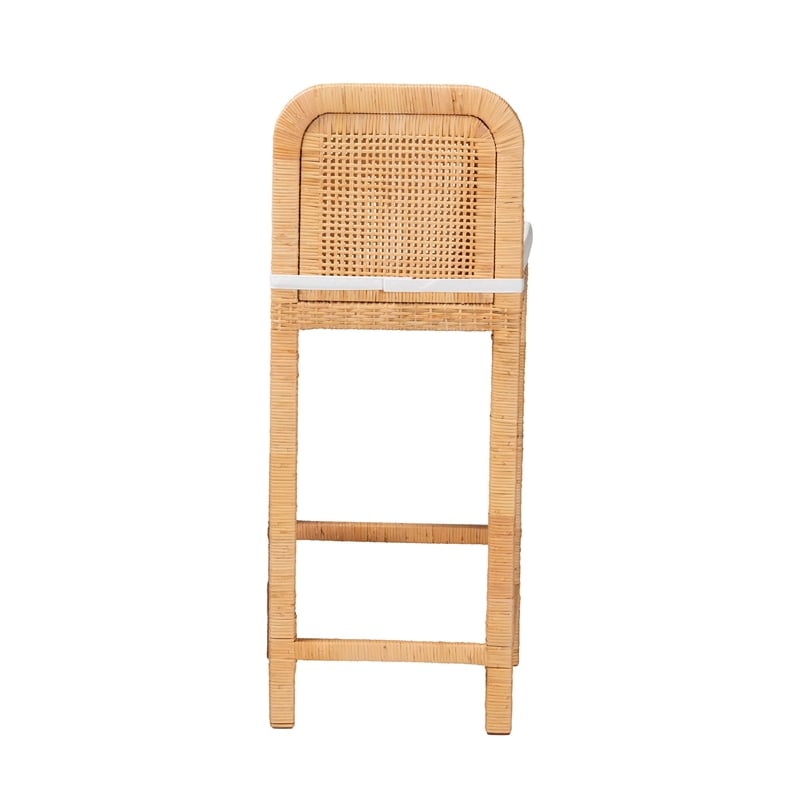 Baxton Studio Zariah Bohemian Natural Brown Rattan and Mahogany Wood Bar Stool