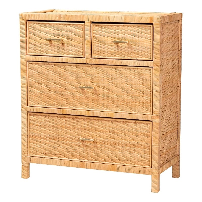 Baxton Studio Vaere Natural Brown Rattan and Mahogany Wood Storage Cabinet