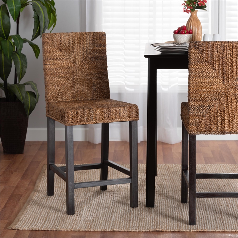 Baxton Studio Laymi Dark Brown Mahogany Wood and Seagrass Counter Stool