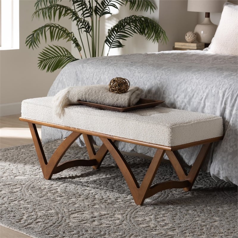 Baxton Studio Chenoa Cream Boucle Fabric and Walnut Brown Finished Wood Bench