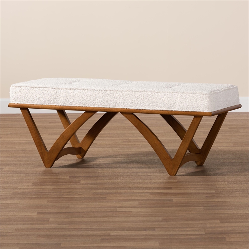 Baxton Studio Chenoa Cream Boucle Fabric and Walnut Brown Finished Wood Bench