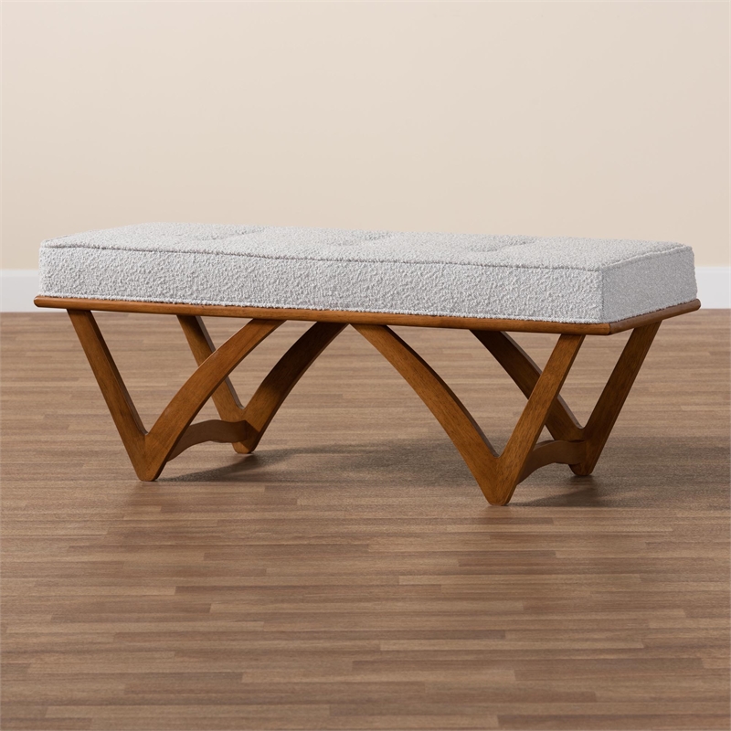 Baxton Studio Chenoa Gray Boucle Fabric and Walnut Brown Wood Bench