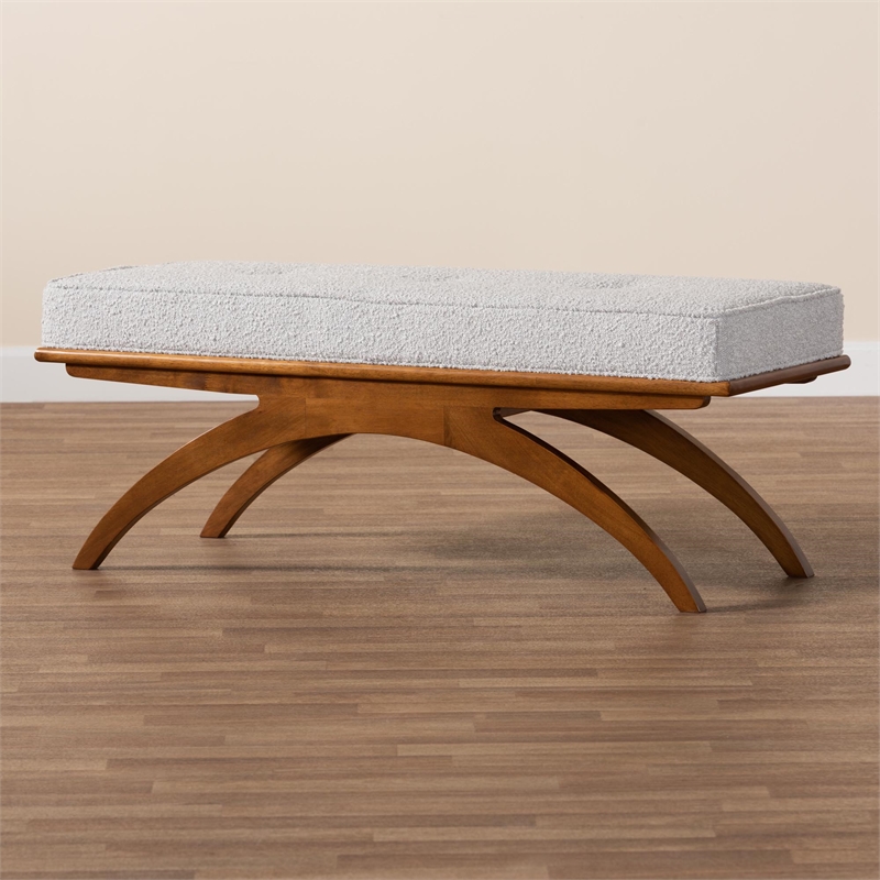 Baxton Studio Orella Light Gray Boucle Fabric and Walnut Brown Wood Bench