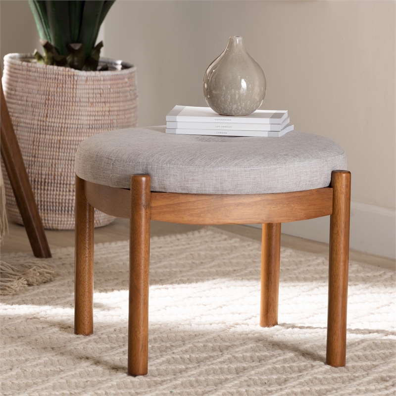 Baxton Studio Iliana Gray Beige Fabric and Walnut Brown Wood Ottoman Footstool