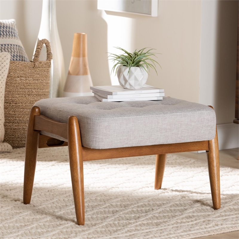 Baxton Studio Jeanine Gray Beige Fabric and Walnut Brown Wood Ottoman Footstool
