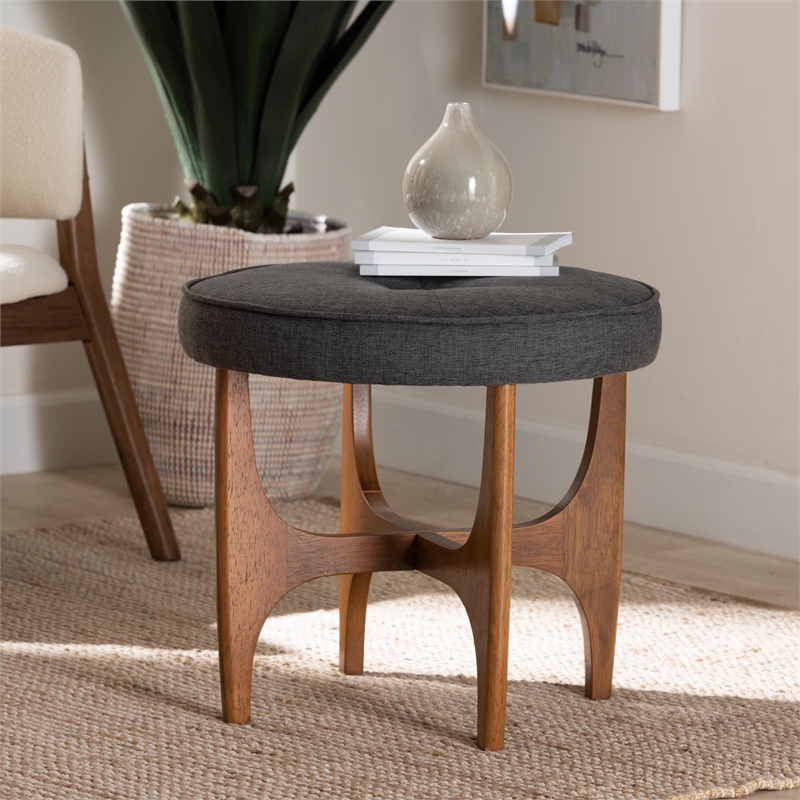 Baxton Studio Theo Gray Beige Fabric and Walnut Brown Wood Ottoman Footstool