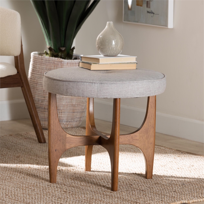 Baxton Studio Theo Gray Beige Fabric and Walnut Brown Wood Ottoman Footstool
