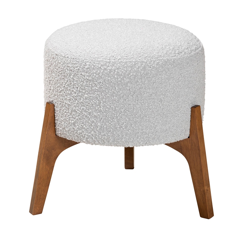 Baxton Studio Elkie Light Grey Boucle Fabric and Brown Wood Ottoman Footstool