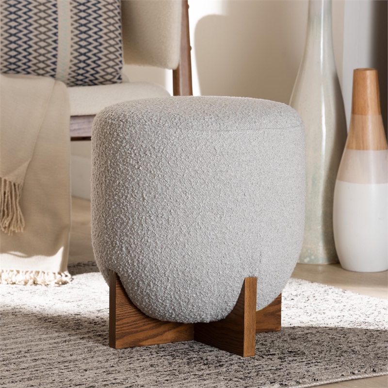 Baxton Studio Fisk Grey Boucle Fabric and Walnut Brown Wood Ottoman Footstool