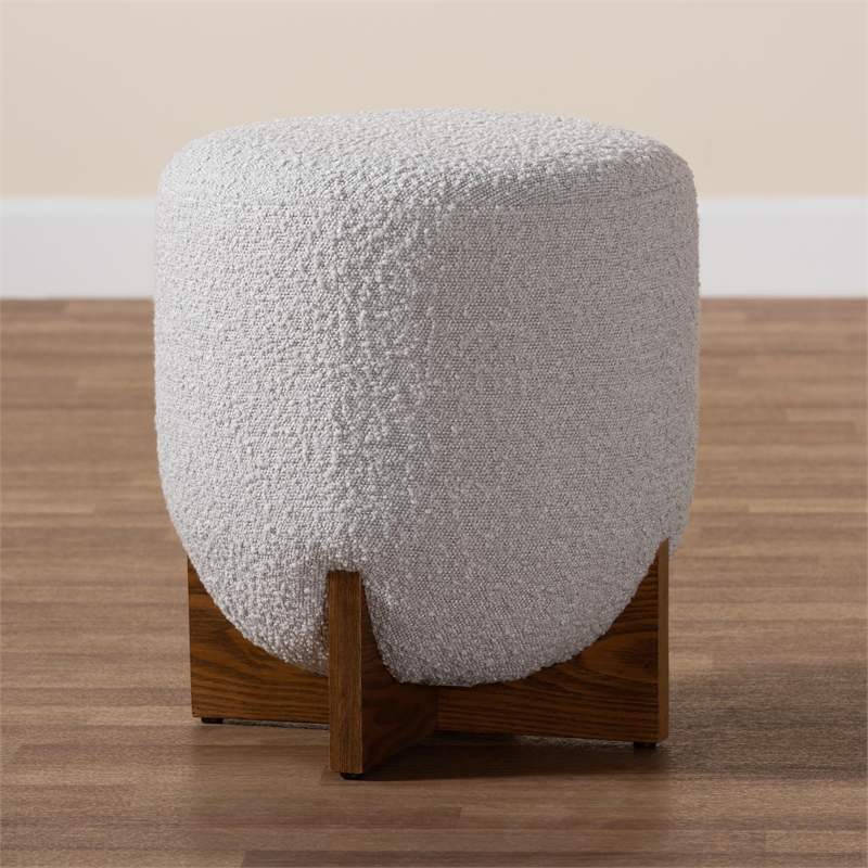 Baxton Studio Fisk Grey Boucle Fabric and Walnut Brown Wood Ottoman Footstool