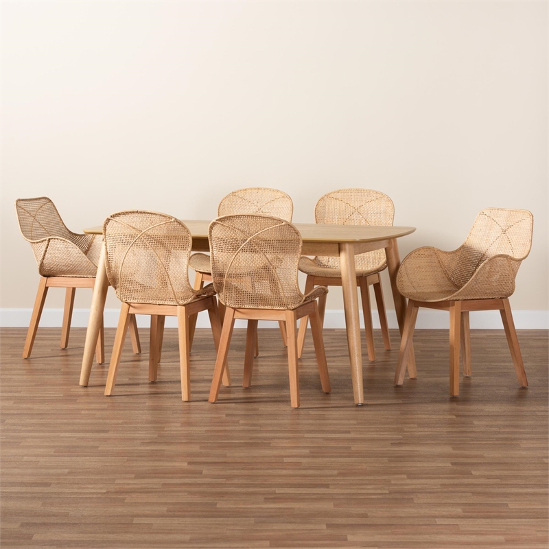 Baxton Studio Emmali Natural Brown Finished Wood and Rattan 7-Piece Dining Set