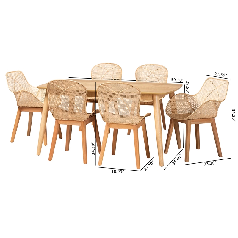 Baxton Studio Emmali Natural Brown Finished Wood and Rattan 7-Piece Dining Set