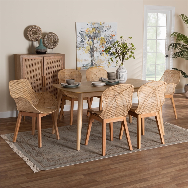 Baxton Studio Emmali Natural Brown Finished Wood and Rattan 7-Piece Dining Set
