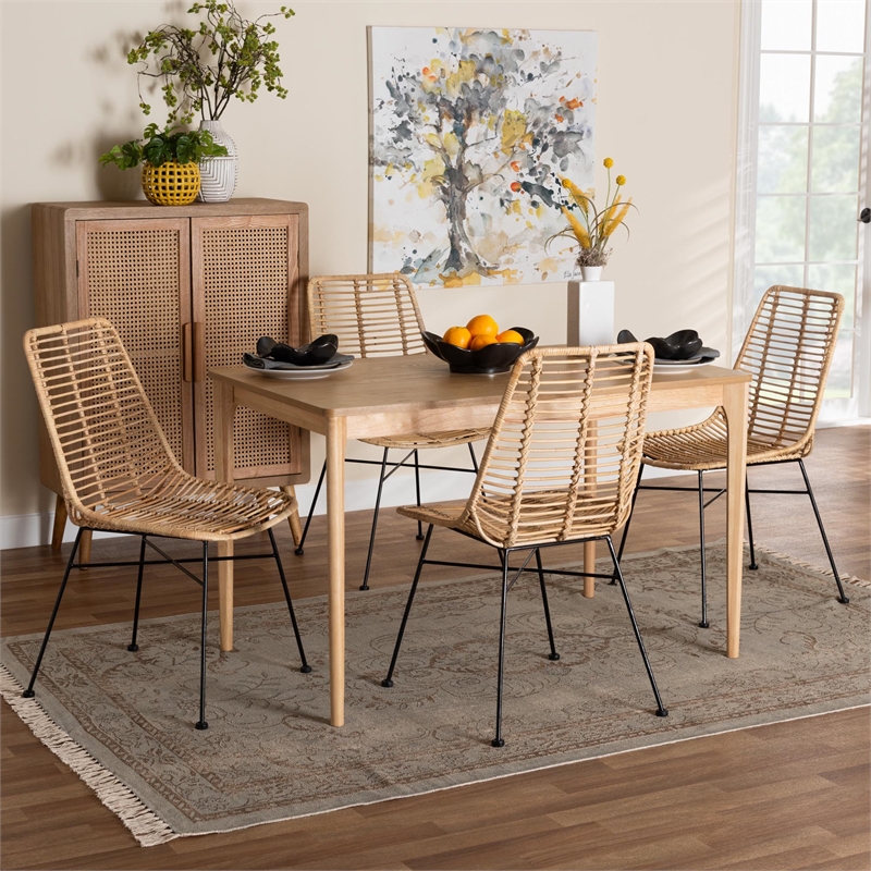 Baxton Studio Manhattan Rattan and Natural Oak Wood 5-Piece Dining Set