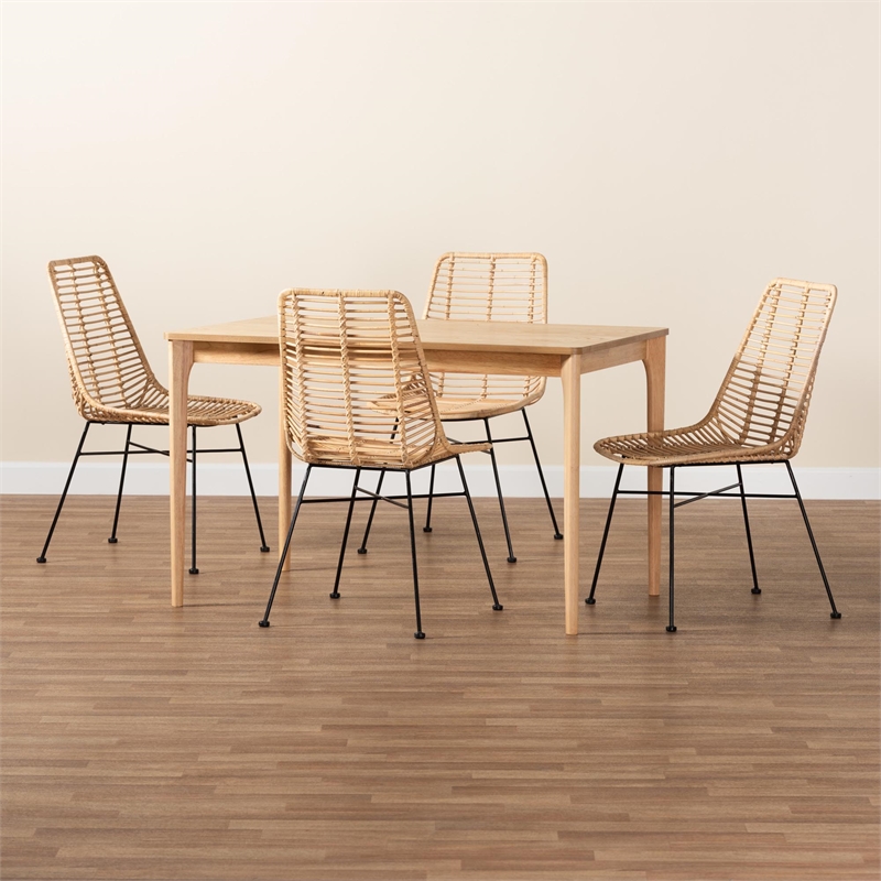 Baxton Studio Manhattan Rattan and Natural Oak Wood 5-Piece Dining Set
