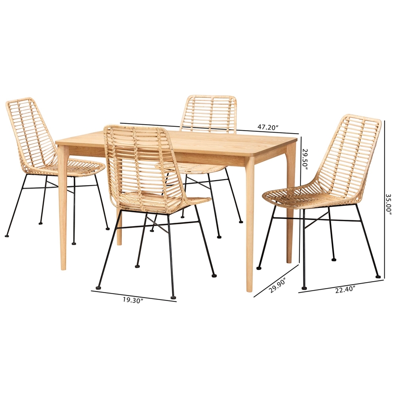 Baxton Studio Manhattan Rattan and Natural Oak Wood 5-Piece Dining Set