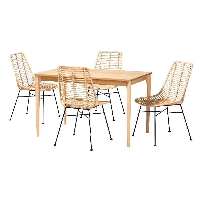 Baxton Studio Manhattan Rattan and Natural Oak Wood 5-Piece Dining Set