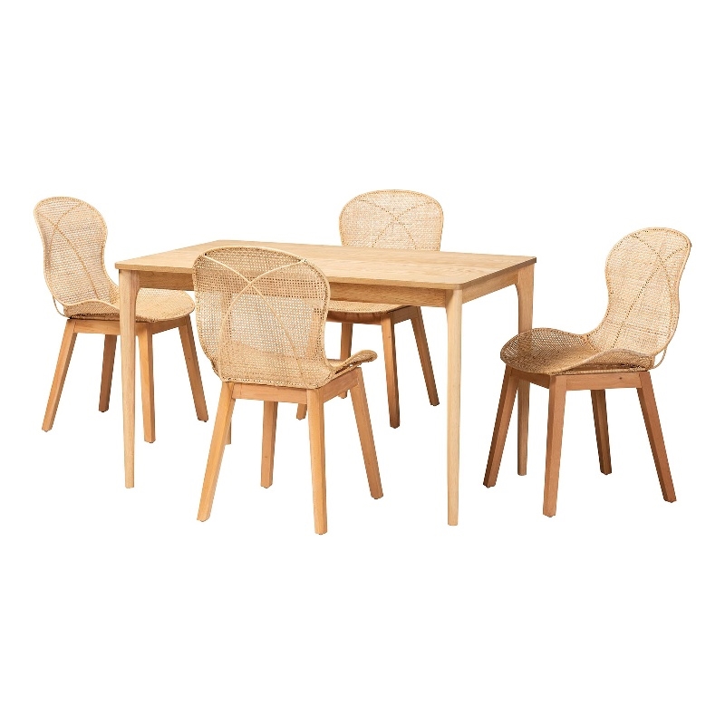 Baxton Studio Sabelle Brown Mahogany Wood and Rattan 5-Piece Dining Set
