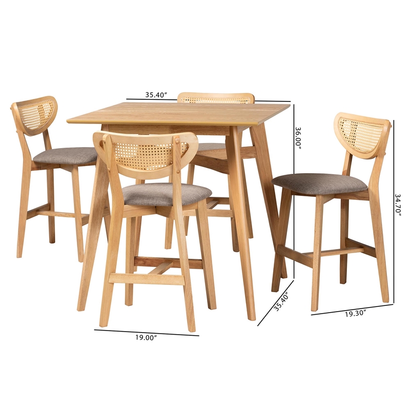 Baxton Studio Dannell 5-Piece Fabric & Wood Pub Set in Gray/Natural Oak