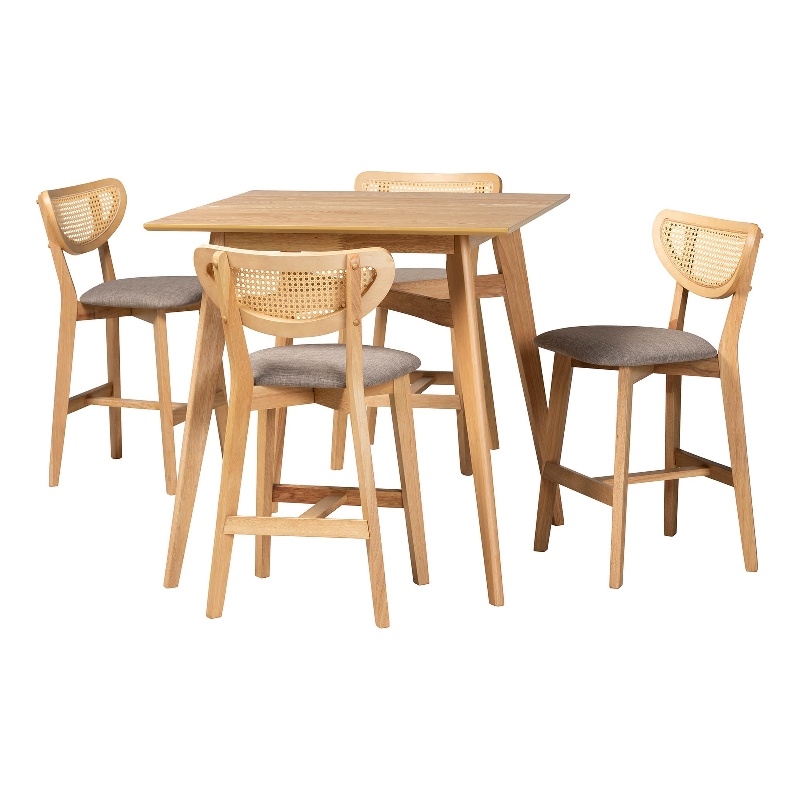Baxton Studio Dannell 5-Piece Fabric & Wood Pub Set in Gray/Natural Oak