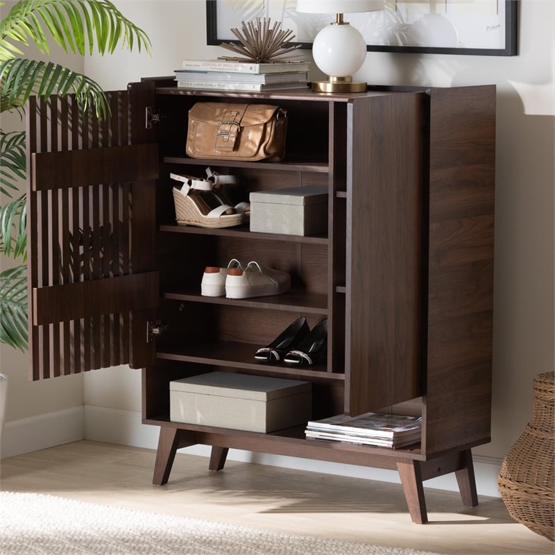 Baxton Studio Paricia 7-Shelf Wood Shoe Cabinet in Walnut Brown