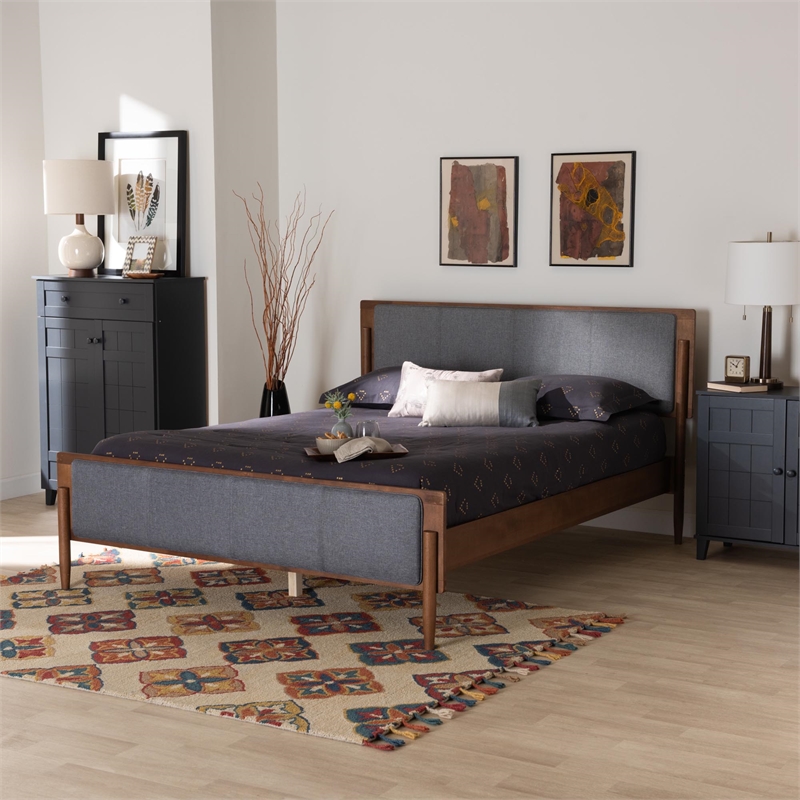 Baxton Studio Powers Gray Fabric and Ash Walnut Wood King Size Platform Bed
