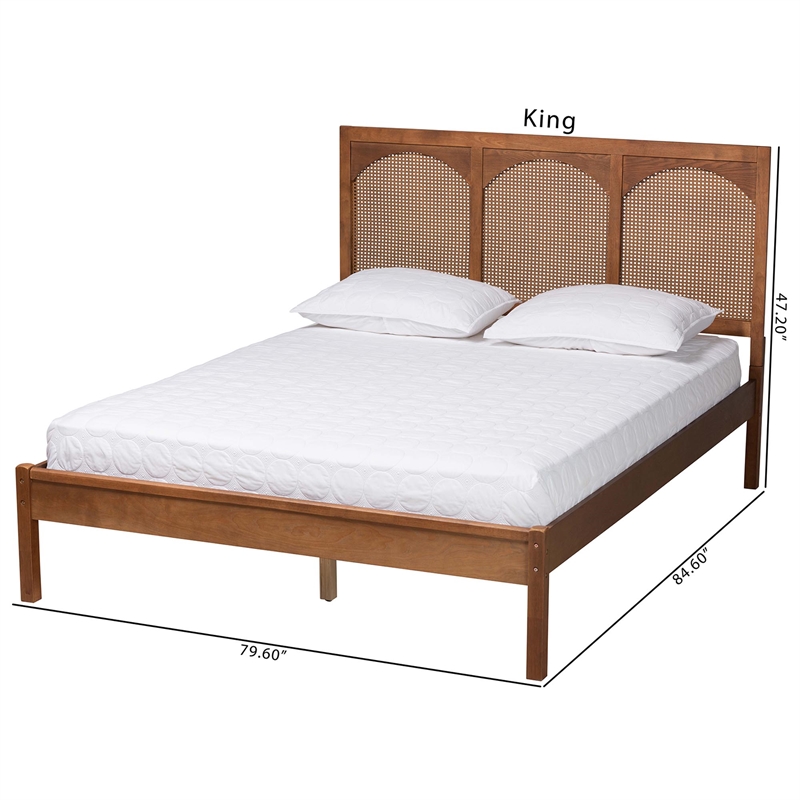 Baxton Studio Blossom Ash Walnut Wood and Rattan King Size Platform Bed