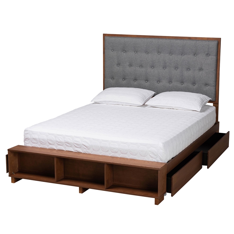 Baxton Studio Jalie Gray Fabric and Brown Wood King Size Platform Storage Bed