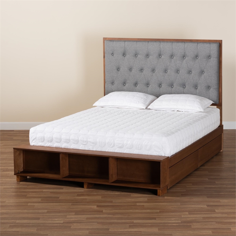 Baxton Studio Jalie Gray Fabric and Brown Wood King Size Platform Storage Bed