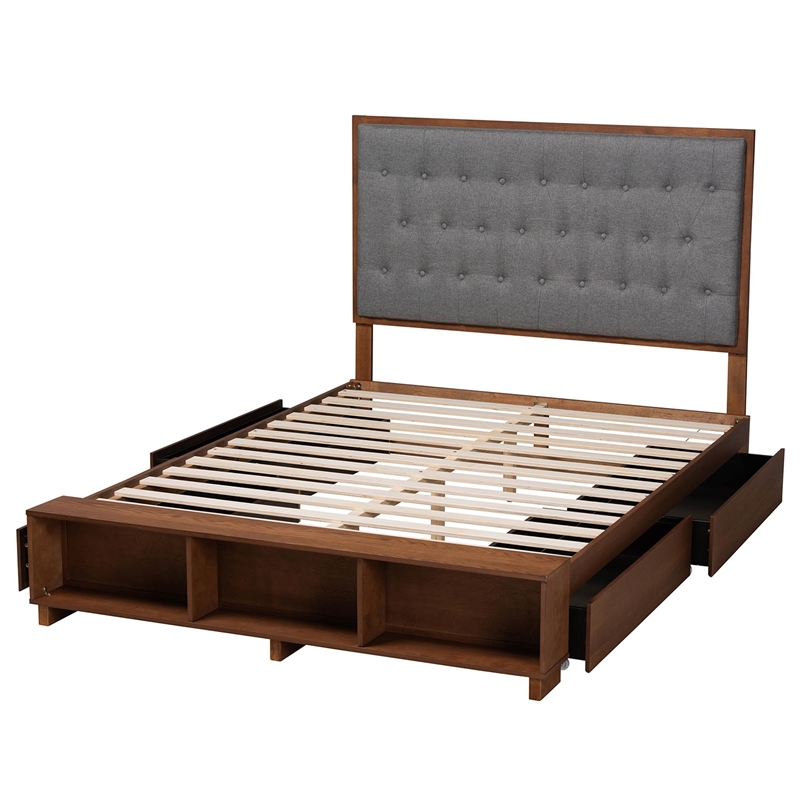 Baxton Studio Jalie Gray Fabric and Brown Wood King Size Platform Storage Bed