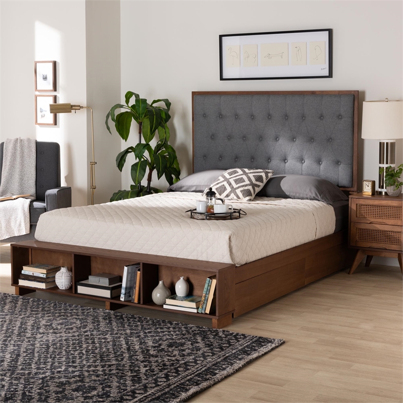 Baxton Studio Jalie Gray Fabric and Brown Wood King Size Platform Storage Bed