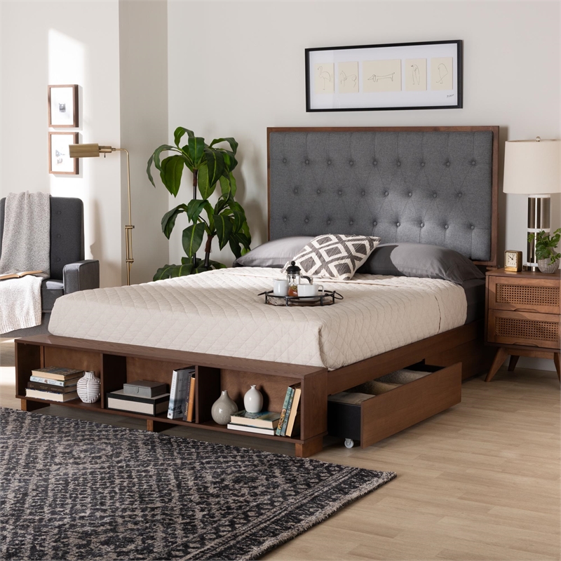 Baxton Studio Jalie Gray Fabric and Brown Wood King Size Platform Storage Bed